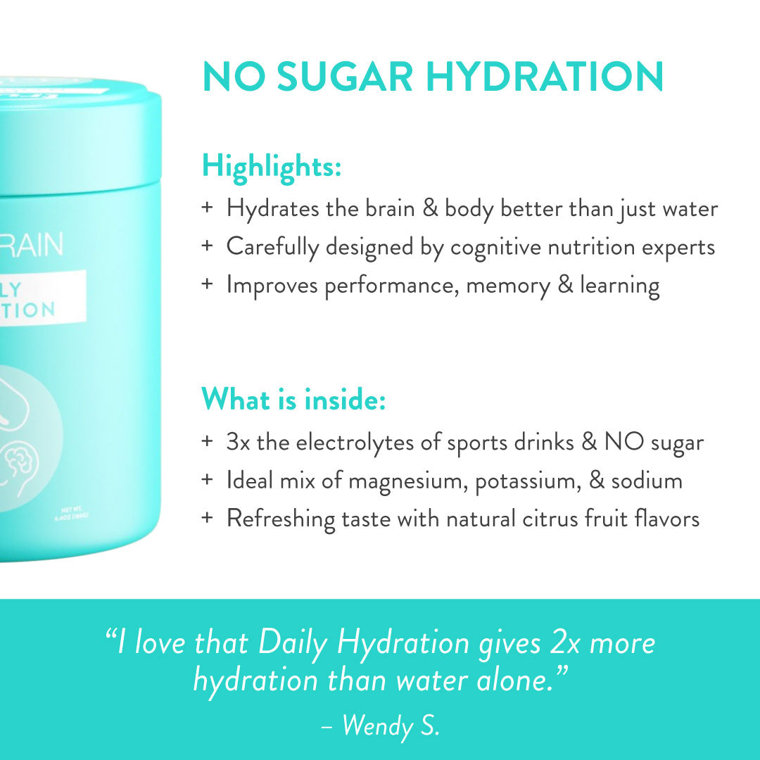 Product highlights of daily hydration included in a summary of what's inside the product along with a customer quote