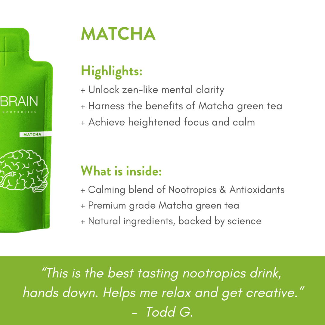 Infographic that repeats the highlights of TruBrain’s Matcha drink from the same text in the right panel information