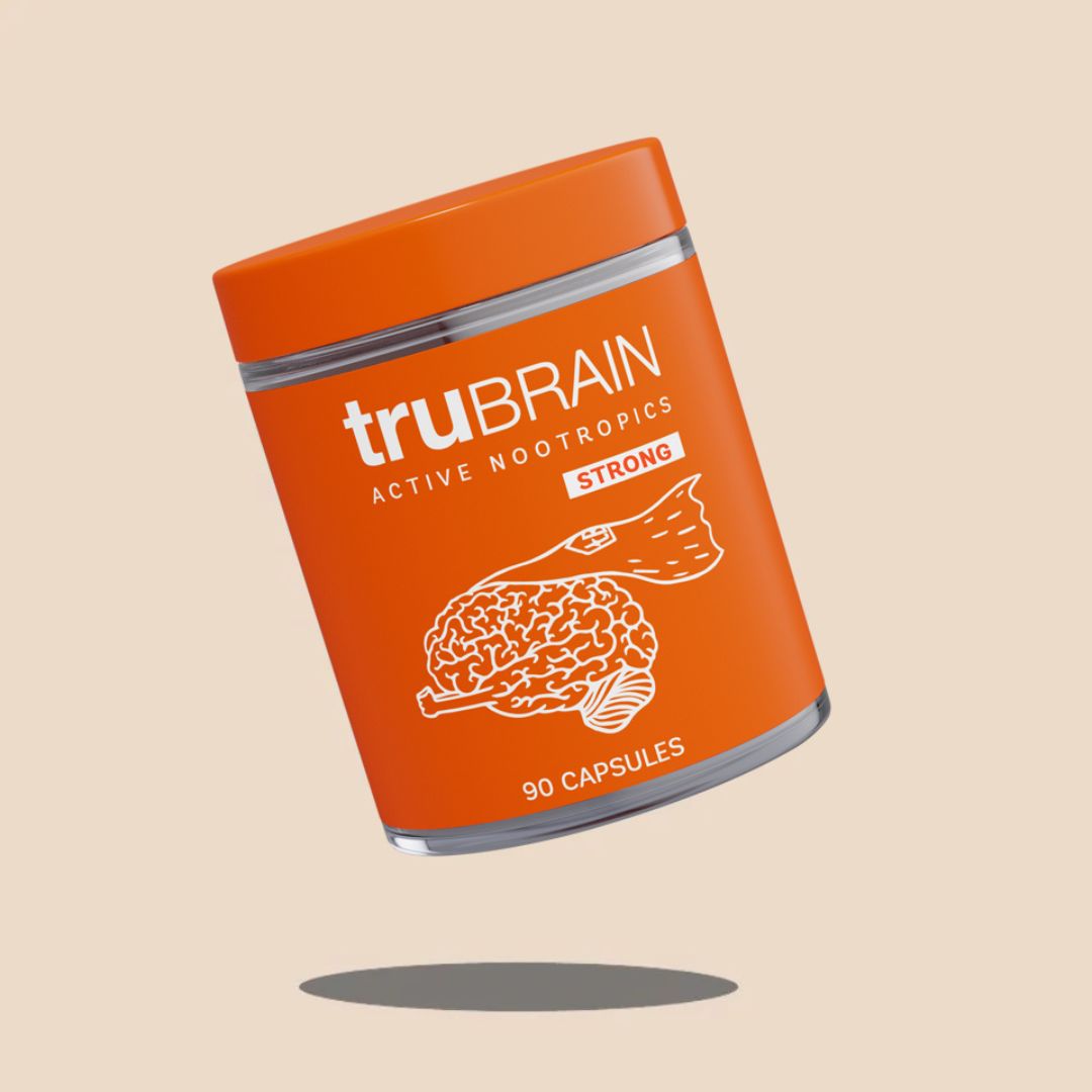 Nootropic capsules in a clear glass jar designed to upgrade working memory, boost mental output and improve concentration.