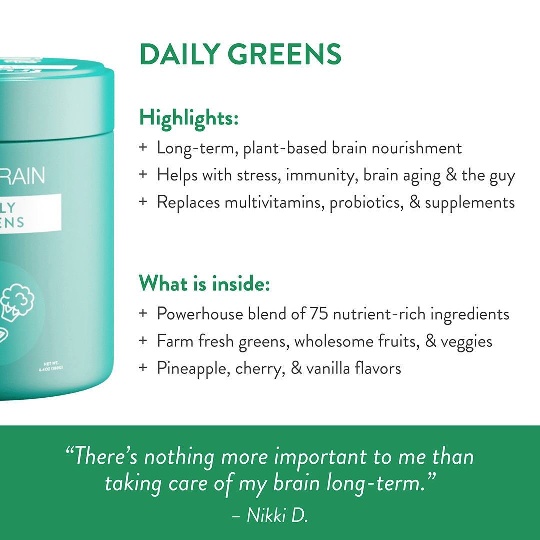 The product highlights and overall summary of the daily greens product with a customer review