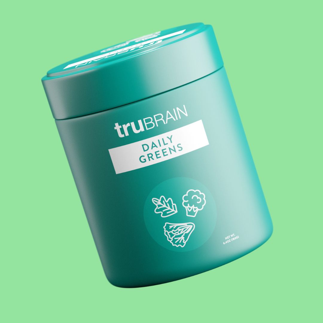 TruBrain Daily greens in sleek packaging, front and center, showcasing the product's premium design and health-focused branding.