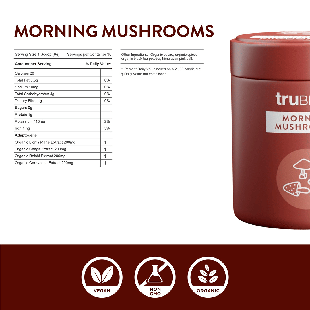 Nutrition facts of the morning mushroom products along with verified stamp of vegan, non-GMO, and organic