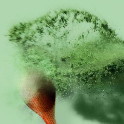 Wooden spoon scooping vibrant green powdered daily greens supplement from a teal container, highlighting the nutrient-rich product against a green background.