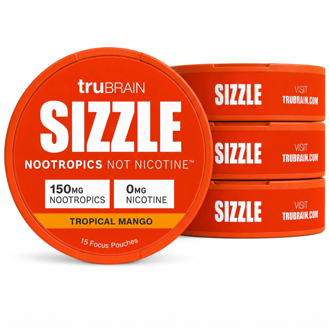 Three orange circular focus pouch containers branded truBRAIN Sizzle, with one container in front and two stacked behind it on a white background. The front label reads SIZZLE, Nootropics Not Nicotine, 150MG Nootropics, 0MG Nicotine, and Tropical Mango.