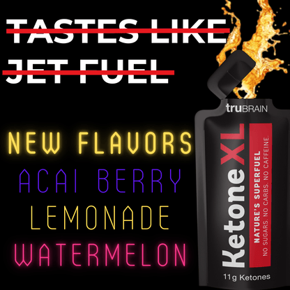 Graphic with a bold statement in yellow and white text on a grey background. Regarding Ketone XL, it reads 'Tastes like jet fuel' but is crossed out. Below is an announcement for the New Flavors of Ketone XL - Acai Berry, Lemonade, and Watermelon - which taste much better.