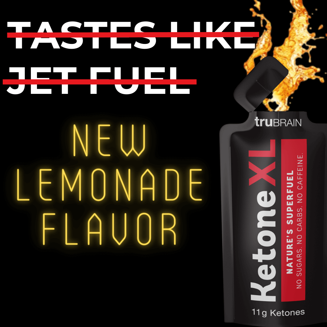 Graphic with a bold statement in yellow and white text on a grey background. Regarding Ketone XL, it reads 'Tastes like jet fuel' but is crossed out. Below is an announcement for the New Lemonade Flavor of Ketone XL, which tastes much better.