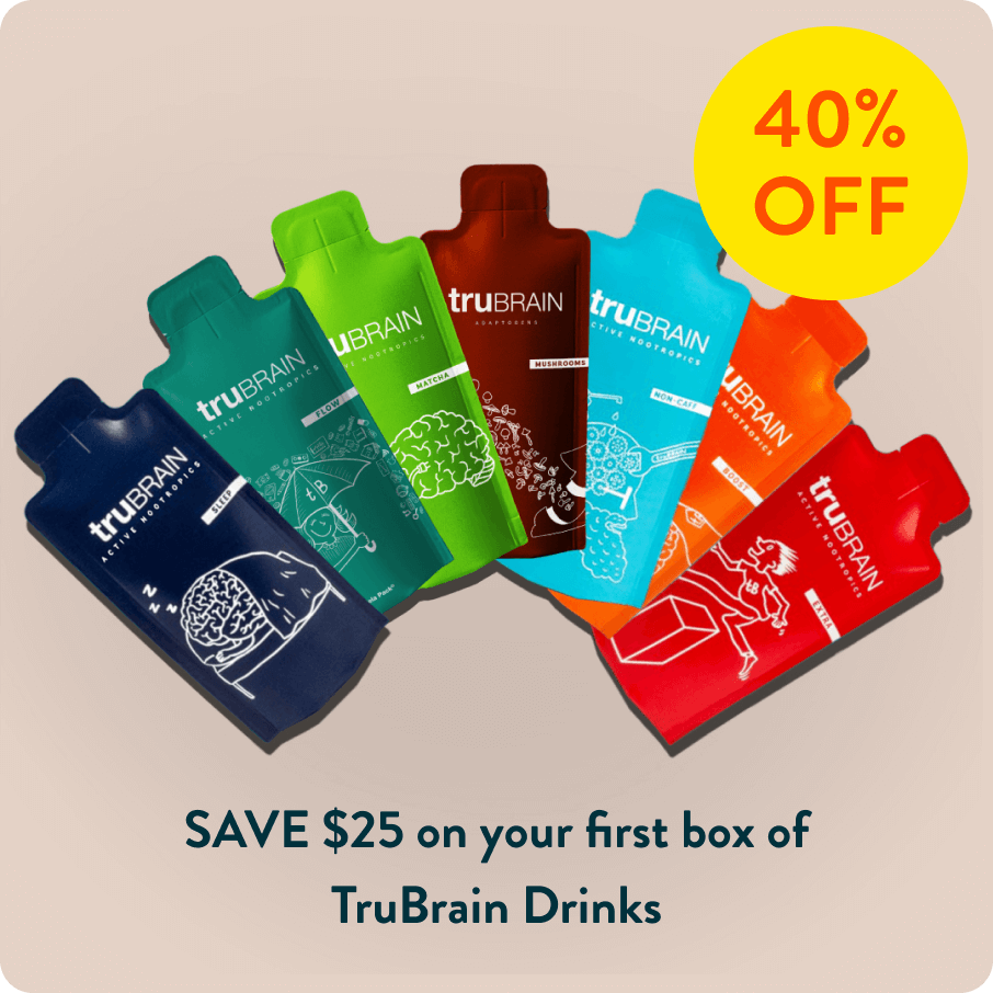 7 TruBrain Nootropic drinks fanned out to make each drink visible