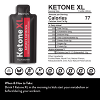 The Ketone XL nutrition facts label showcasing the ingredients and No sugars, no carbs, no salts, no fats, no caffeine and no stimulants.