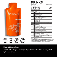 The TruBrain nootropic drinks nutrition facts label showcasing the ingredients and vegan, gluten free, and GMO free badges.