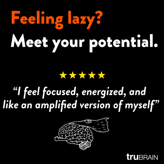 Graphic with a bold statement in orange and white text on a black background. The text reads: Feeling lazy? Meet your potential. followed by a quote from a customer stating 