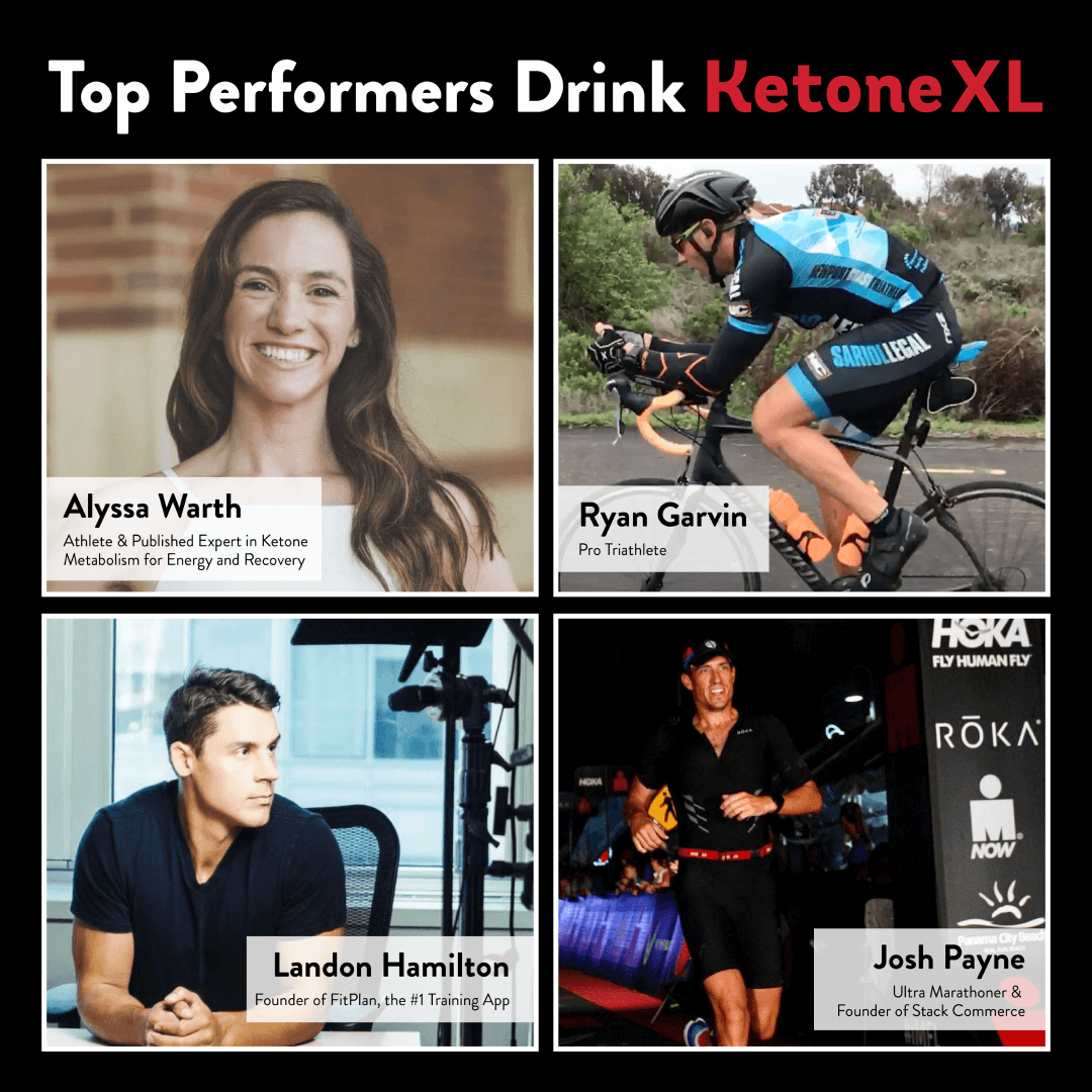 Highlight image featuring 4 Ketone XL athletes and supporters. Top left: Alyssa Warth, smiling, described as an athlete and published expert in ketone metabolism for energy and recovery. Top right: Ryan Garvin, cycling in full gear, labeled as a pro triathlete. Bottom left: Landon Hamilton, seated and looking to the side, founder of FitPlan, the #1 Training App. Bottom right: Josh Payne, running during a night event