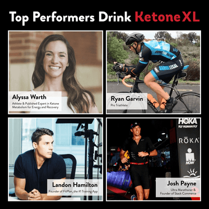Highlight image featuring 4 Ketone XL athletes and supporters. Top left: Alyssa Warth, smiling, described as an athlete and published expert in ketone metabolism for energy and recovery. Top right: Ryan Garvin, cycling in full gear, labeled as a pro triathlete. Bottom left: Landon Hamilton, seated and looking to the side, founder of FitPlan, the #1 Training App. Bottom right: Josh Payne, running during a night event
