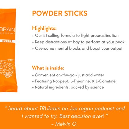 Infographic that repeats the highlights of TruBrain’s Powder sticks from the same text in the right panel information 