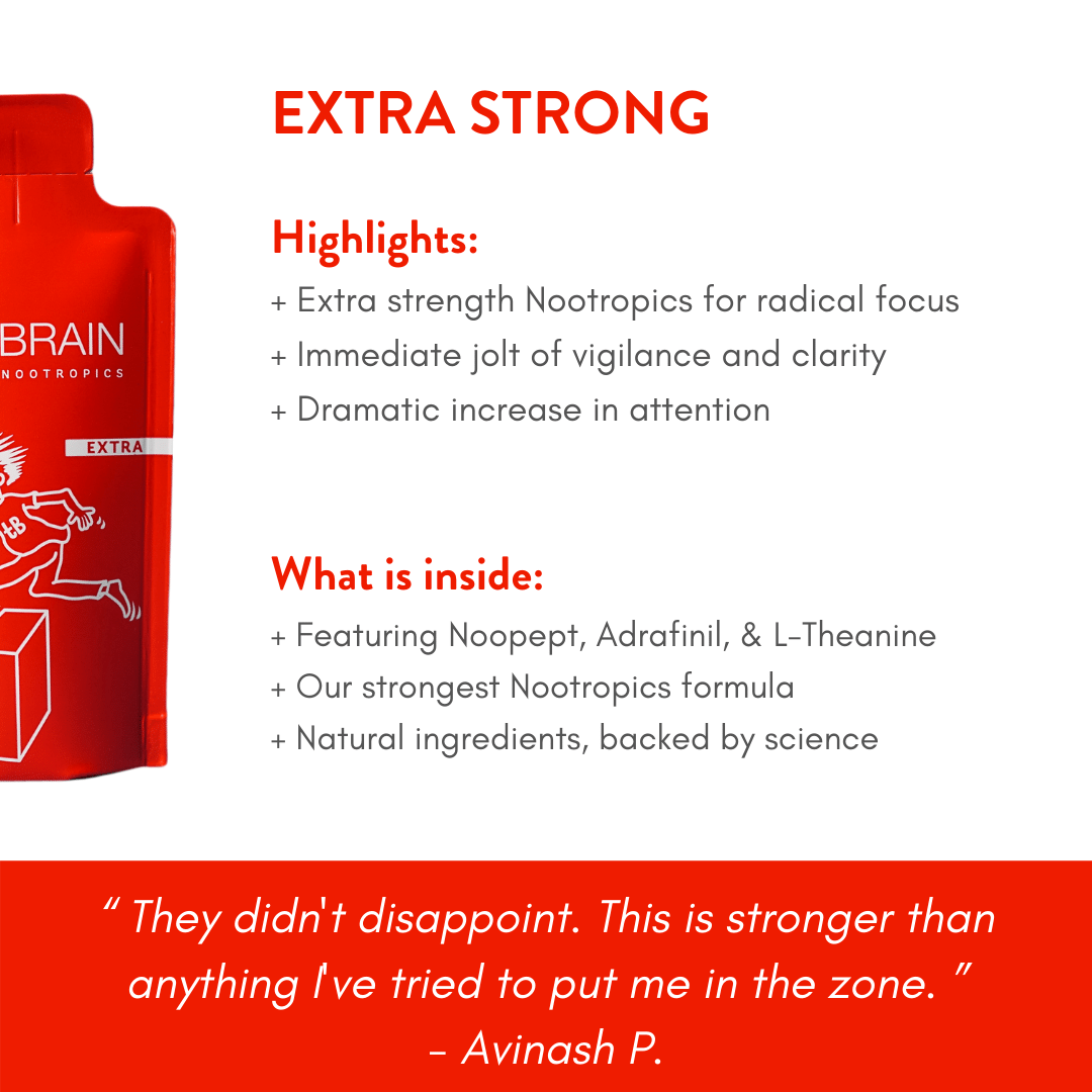 Infographic that repeats the highlights of TruBrain’s Extra Strength drink from the same text in the right panel information 