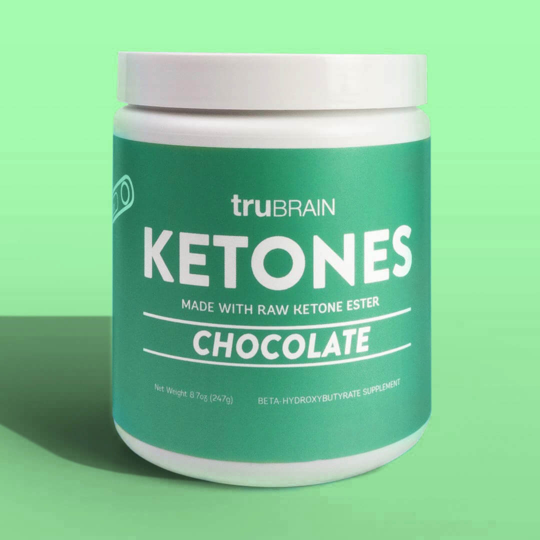 Hero shot of TruBrain’s Ketones tub of raw, natural, ketone ester, the best fuel for the mind and body - reach Ketosis fast and easy