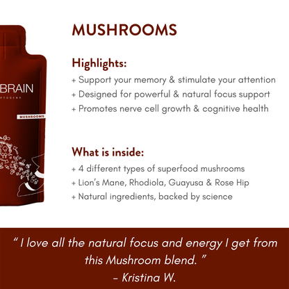 Infographic that repeats the highlights of TruBrain’s Mushrooms drink from the same text in the right panel information