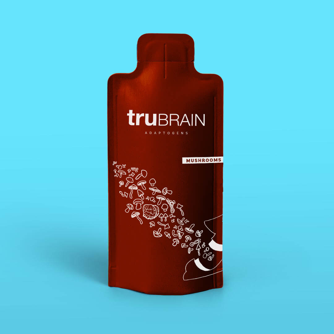 Closeup hero shot on blue background of the front of TruBrain’s Mushrooms drink which has Mushrooms & Nootropics for memory and focus